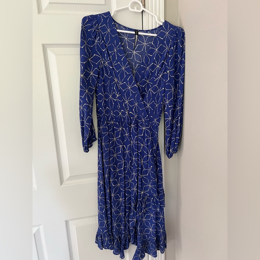 Tracy Reese Blue and Silver Geometric Long Sleeve Dress